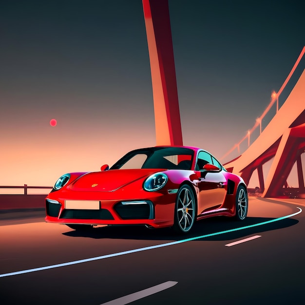 um Porsche 911 vermelho em uma ponte à noite