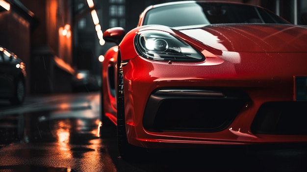 Um Porsche 911 vermelho está estacionado em uma estrada molhada na chuva