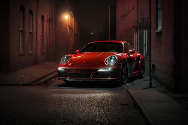 Foto um porsche 911 vermelho está estacionado em uma rua à noite.