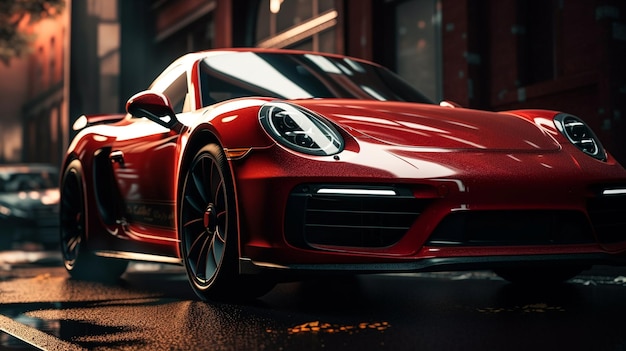 Um Porsche 911 vermelho está estacionado em uma rua escura