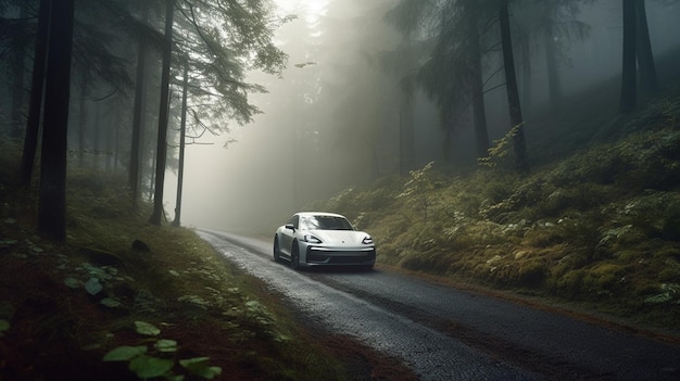 Um Porsche 918 está dirigindo por uma estrada no meio do nevoeiro.