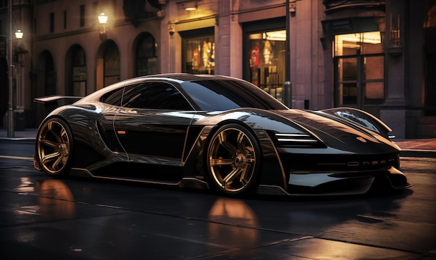 Um Porsche preto e brilhante com jantes douradas em design cyberpunk