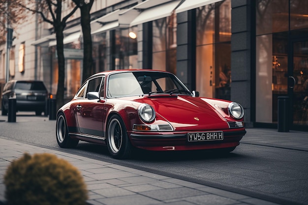 Um Porsche vermelho na rua com um prédio de escritórios ao fundo