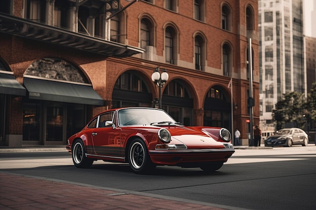 Um Porsche vermelho na rua com um prédio de escritórios ao fundo