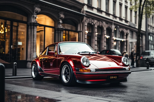 Um Porsche vermelho na rua com um prédio de escritórios ao fundo