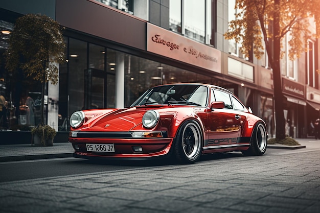 Um Porsche vermelho na rua com um prédio de escritórios ao fundo