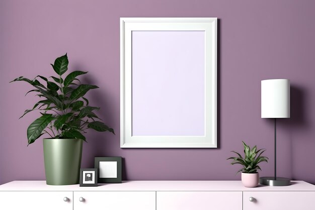 Foto um porta-retrato em uma parede roxa com uma planta nele.