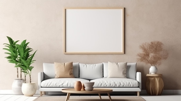 Um porta-retrato pendurado na parede acima de um sofá em uma sala de estar generativa ai