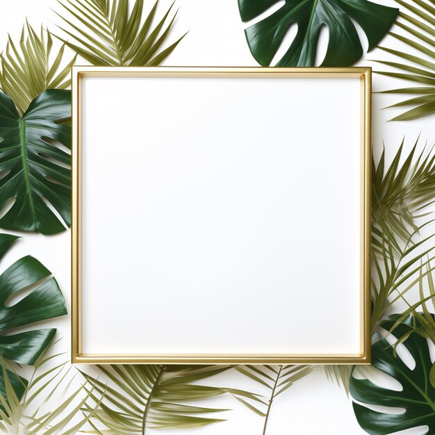 Foto um porta-retratos com folhas tropicais e folhas de palmeira em um fundo branco ai generativo