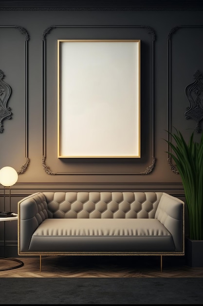 Um porta-retratos na parede de um quarto escuro com um sofá e uma planta.