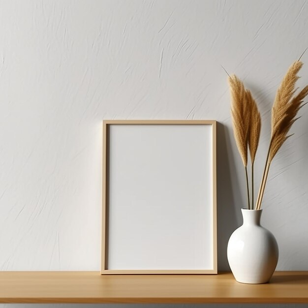 Um porta-retratos sobre uma mesa com um vaso branco e uma imagem de trigo.