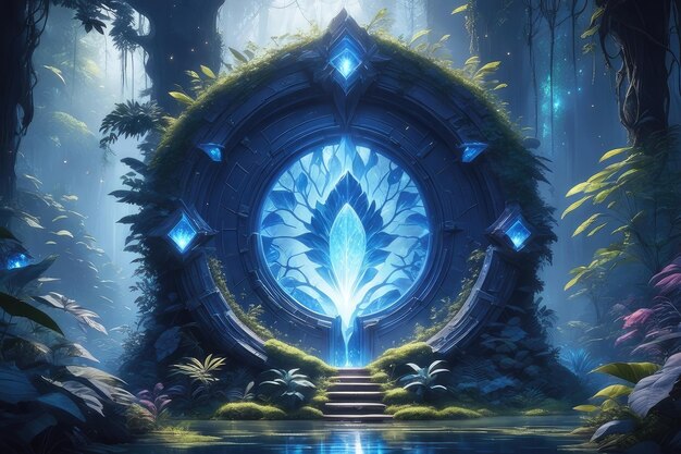 Um portal de fantasia azul brilhante na floresta