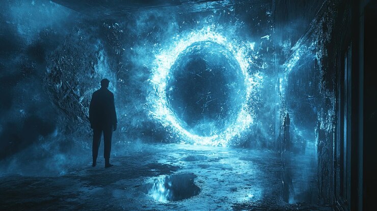 Foto um portal quântico aparecendo em um espelho refletindo uma versão distorcida e surreal da própria realidade do espectador