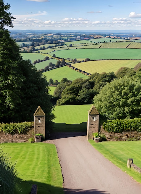 Um portão aberto para uma vista do campo inglês ondulado