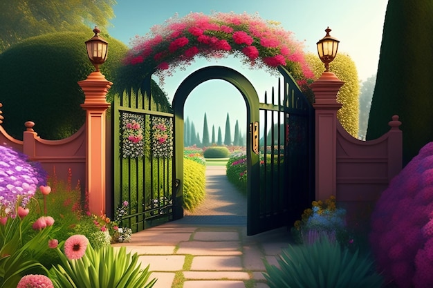 Um portão com flores e um jardim florido ao fundo