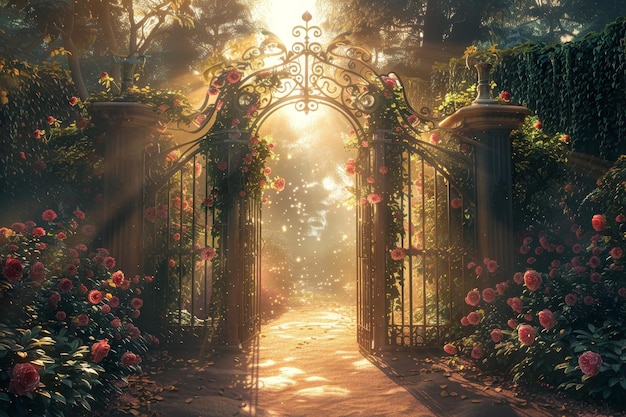 Um portão com um belo jardim na frente
