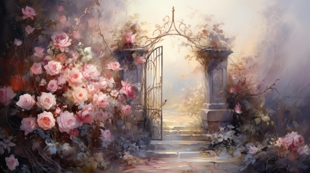 Foto um portão de jardim com rosas aquarela detalhada cores pastel ai generative