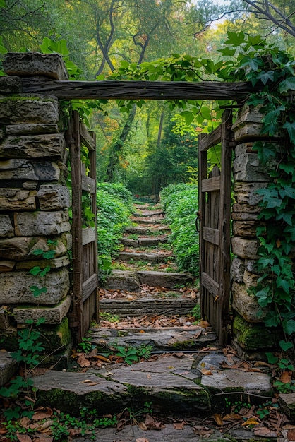 Um portão rústico que leva a um jardim secreto