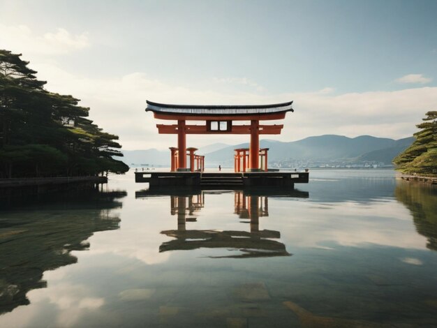 Um portão torii é refletido na água