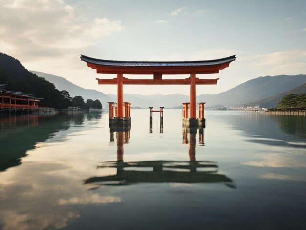 um portão torii senta-se na água com montanhas ao fundo