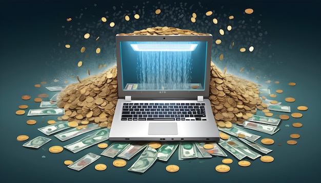 Foto um portátil cercado por uma chuva de moedas e notas