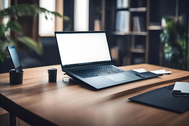 Um portátil com um teclado preto numa mesa de madeira.