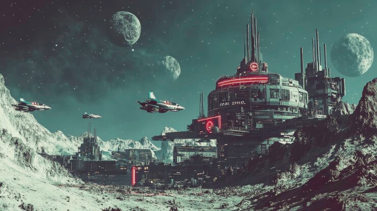 Foto um porto espacial futurista em uma lua estéril obra de arte de ficção científica intrincada com naves espaciais chegando e partindo em um estilo digital gigapixel