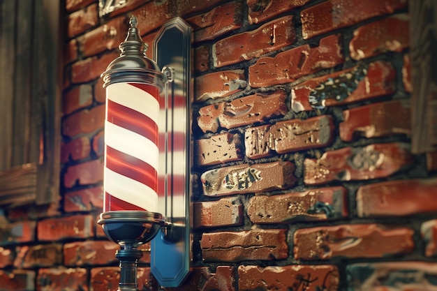 Um poste de barbearia retro girando contra um tijolo