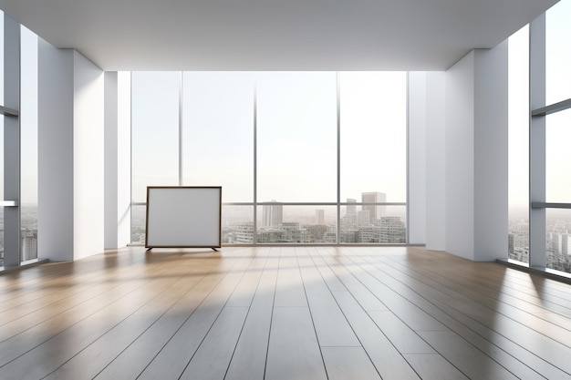 Um pôster branco em branco é exibido em uma partição cinza em um salão ensolarado e espaçoso com piso de madeira e vista para a maquete de renderização 3D da cidade
