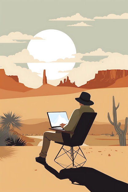 Um pôster capturando a tranquilidade do trabalho remoto Nomad Visa Remote Job Travel Design criativo