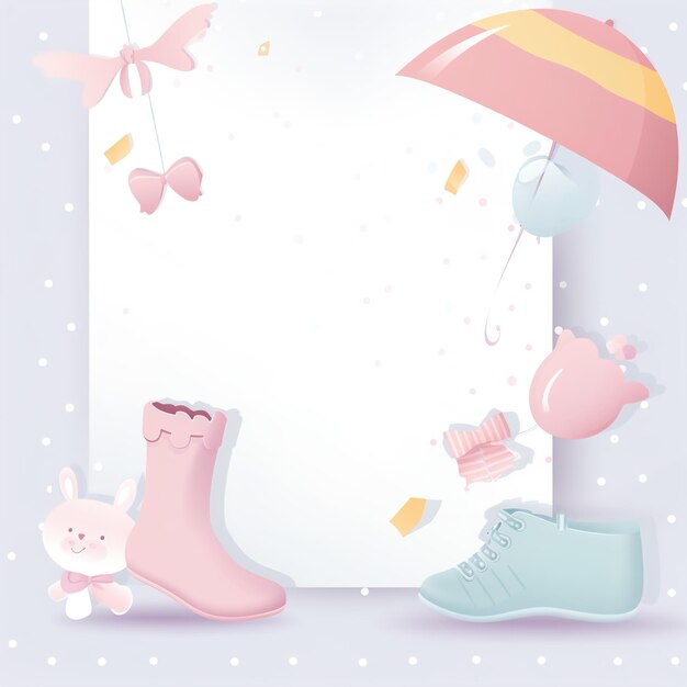 Foto um poster colorido com um guarda-chuva rosa e azul e uma bota rosa e um coelho.