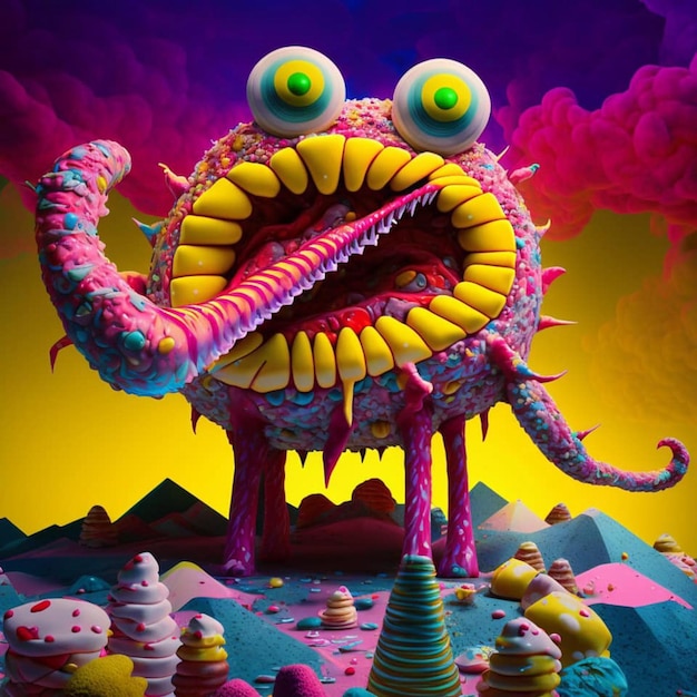 Foto um pôster colorido com um monstro com uma boca grande e grandes olhos verdes.