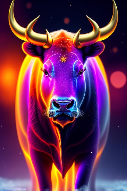 Um pôster colorido com um touro com um grande chifre nele