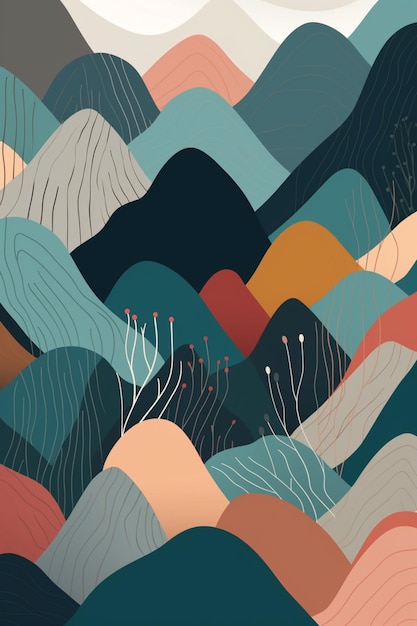 Um pôster colorido com uma paisagem montanhosa ao fundo.