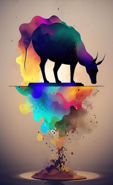 Um pôster colorido com uma vaca e um toque colorido de tinta.