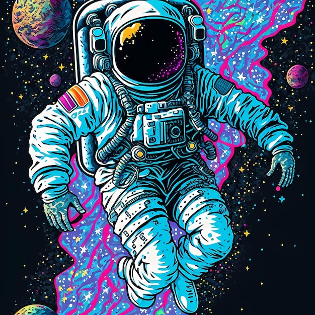 Um pôster colorido de um astronauta no espaço