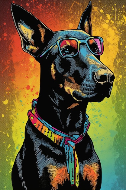 Um pôster colorido de um cachorro doberman usando óculos escuros.