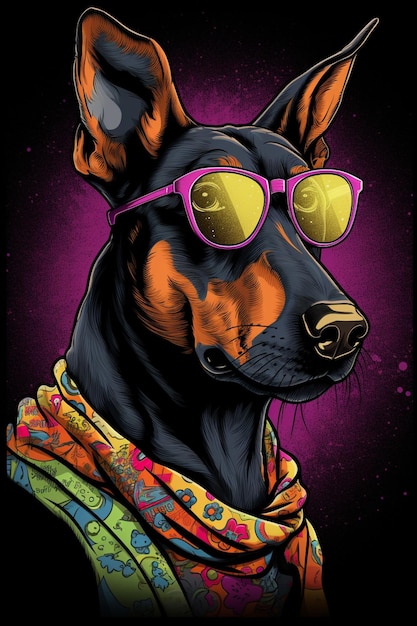 Um pôster colorido de um cachorro doberman usando óculos escuros.