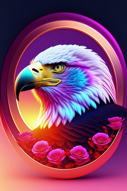 Um pôster colorido de uma águia careca com rosas cor de rosa.