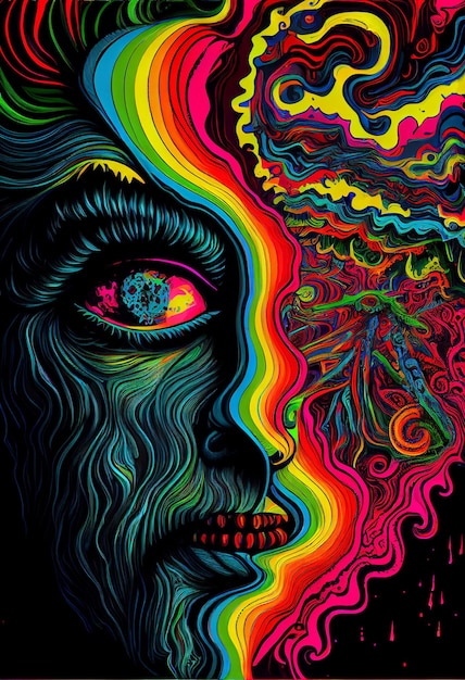Um pôster colorido do rosto de uma mulher com a palavra psicodélico.