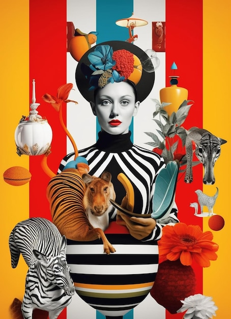 um pôster com uma mulher e animais e um gato.