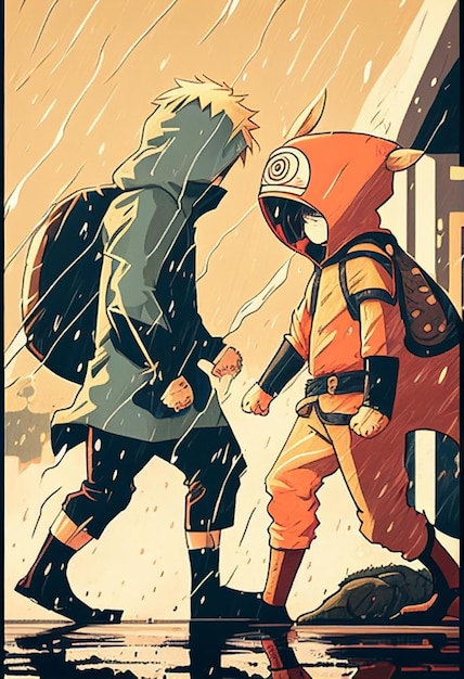 Um pôster de dois personagens de anime na chuva com as palavras naruto  nele.