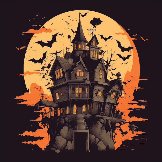 Um pôster de halloween com uma casa e morcegos voando ao fundo.