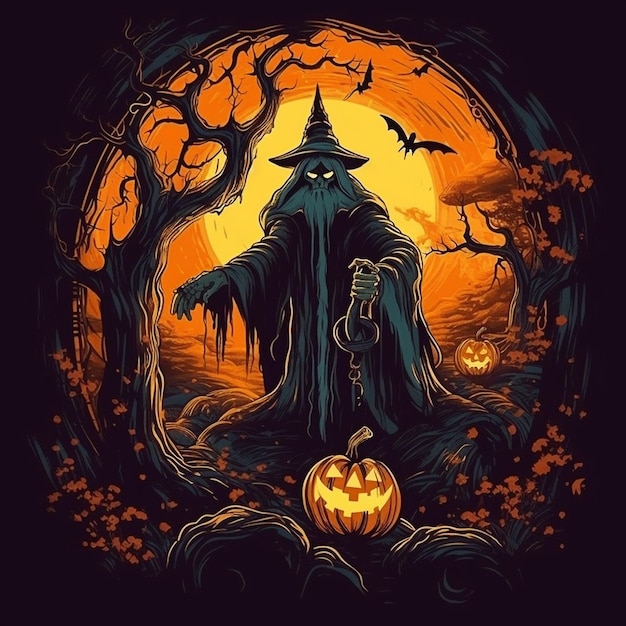 Um pôster de halloween para uma bruxa com uma abóbora ao fundo.