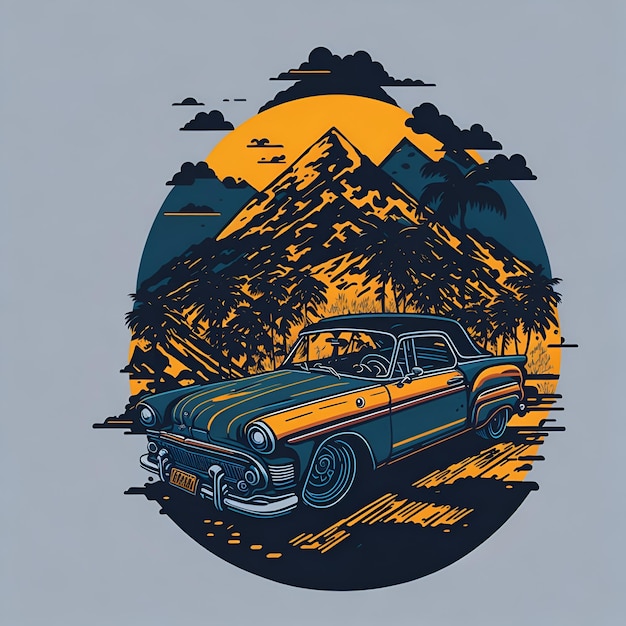 Um pôster de um carro com uma montanha ao fundo.