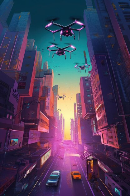 Um pôster de um drone voando sobre uma cidade.