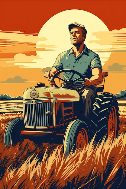 um pôster de um fazendeiro dirigindo seu trator em um campo