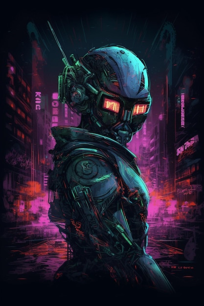 Um pôster de um jogo cyberpunk chamado robot.