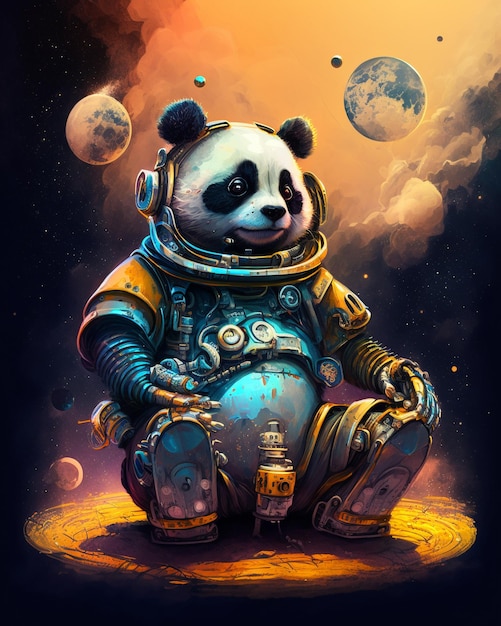 Um pôster de um panda em um traje espacial