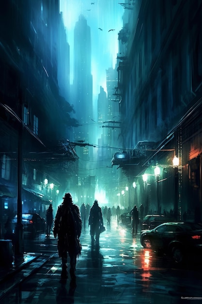 Um pôster de uma cidade escura com um homem andando na chuva.